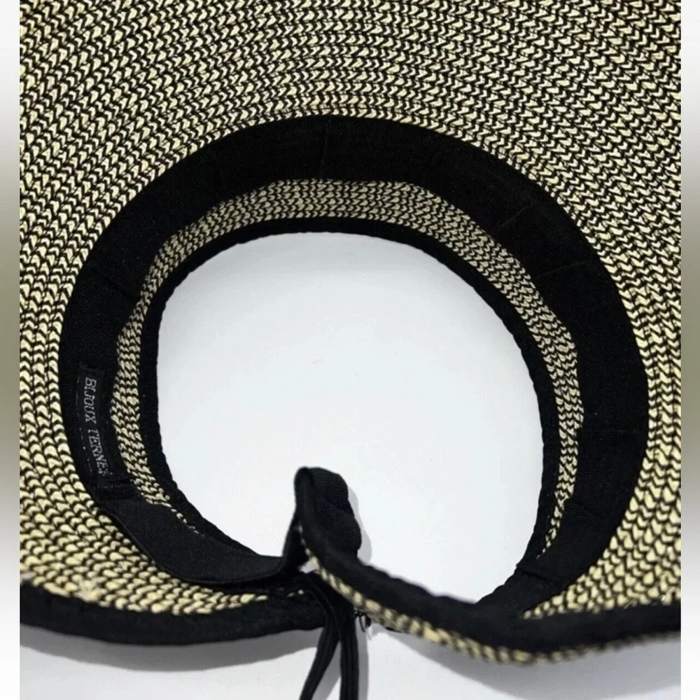 Bijoux Terner Roll up Packable Travel Sun Hat Straw Black Visor Beach Vacation